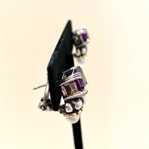 Lagos Caviar Amethyst & Pearl in 18k Yellow Gold & Sterling Silver Earrings - Picture 2 of 10